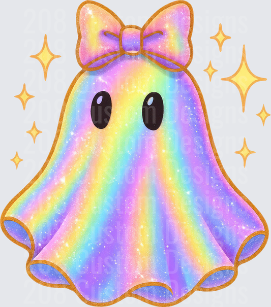 Cute Glitter Rainbow Ghost with Pastel Bow and Sparkles