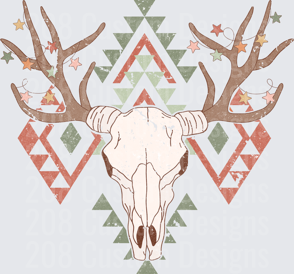 Boho Deer Skull with Antlers and Aztec Geometric Patterns