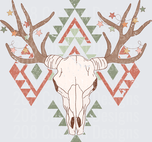Boho Deer Skull with Antlers and Aztec Geometric Patterns
