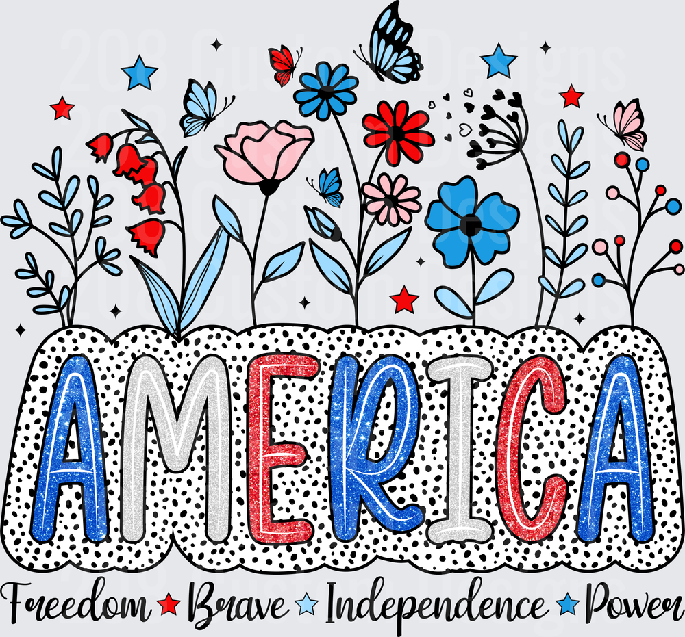America Patriotic Floral Garden with Stars and Butterflies Freedom Brave Independence Power