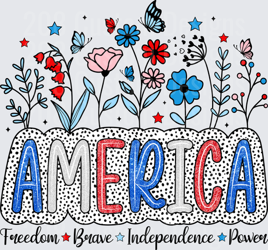 America Patriotic Floral Garden with Stars and Butterflies Freedom Brave Independence Power
