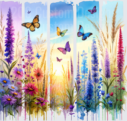 Watercolor Wildflower Meadow with Colorful Butterflies