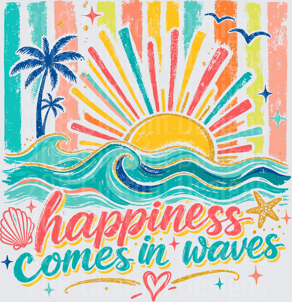 Happiness Comes In Waves Retro Beach Sun Palm Tree