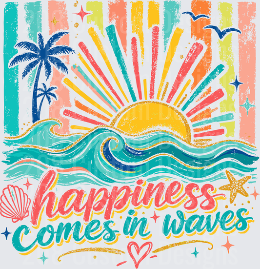 Happiness Comes In Waves Retro Beach Sun Palm Tree