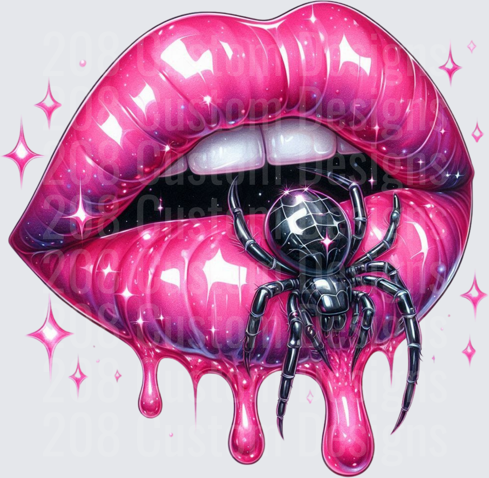 Glossy Hot Pink Dripping Lips with Black Widow Spider Sparkle