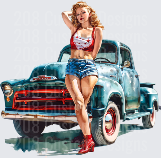 Vintage Pin-Up Girl with Classic 1950s Ford Pickup Truck