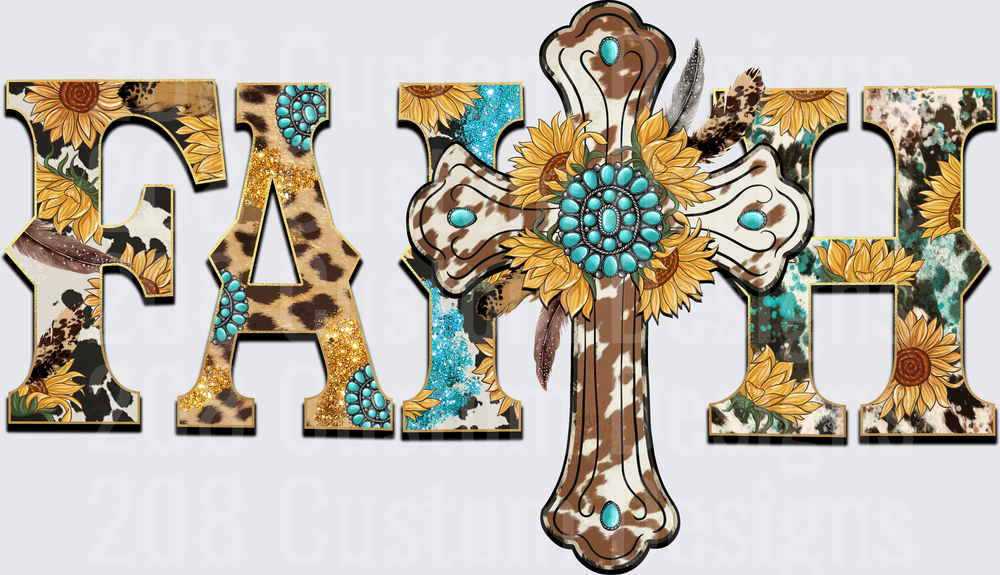 Faith Cross with Sunflowers Leopard Print and Turquoise