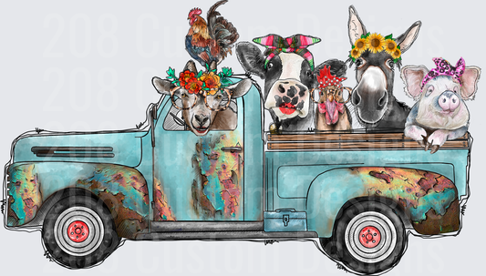 Vintage Rusty Turquoise Truck with Farm Animals Road Trip