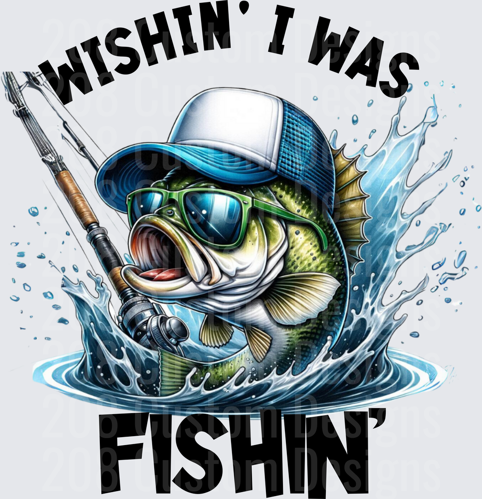 Wishin' I Was Fishin' Bass with Sunglasses and Fishing Rod Water Splash