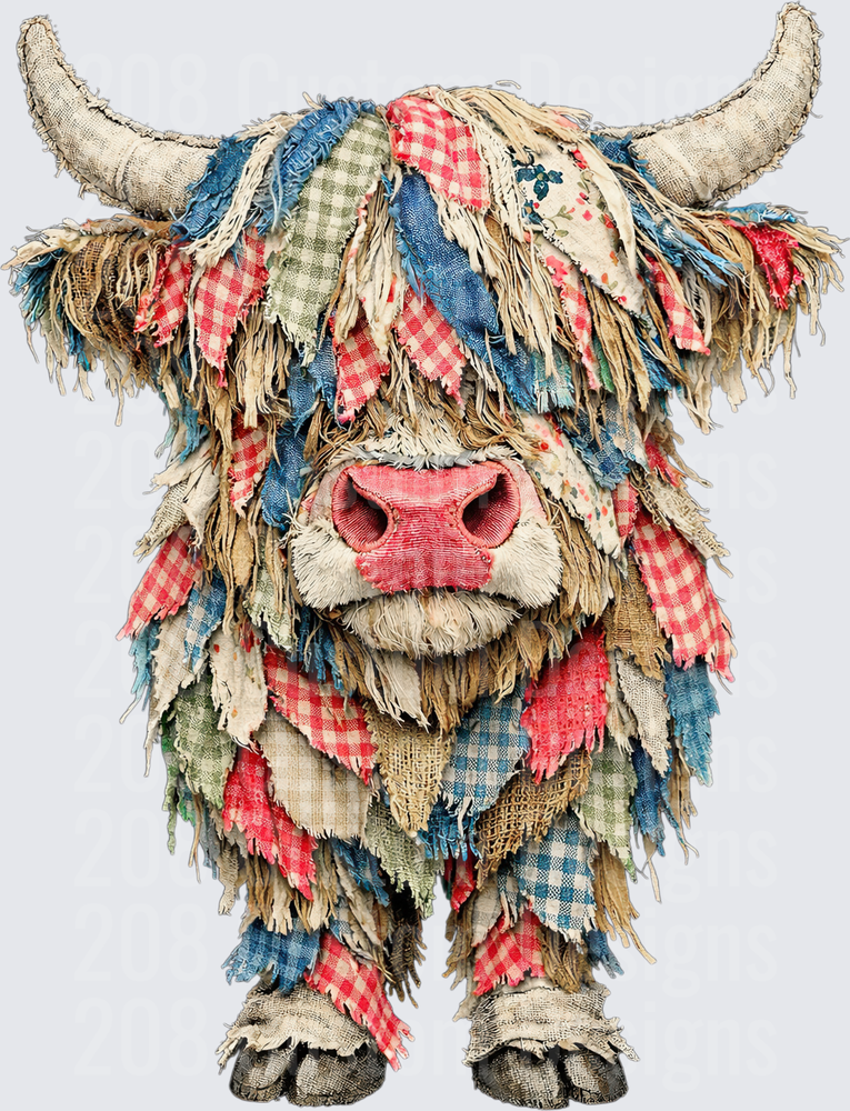 Rustic Highland Cow with Colorful Patchwork Fabric Fringe