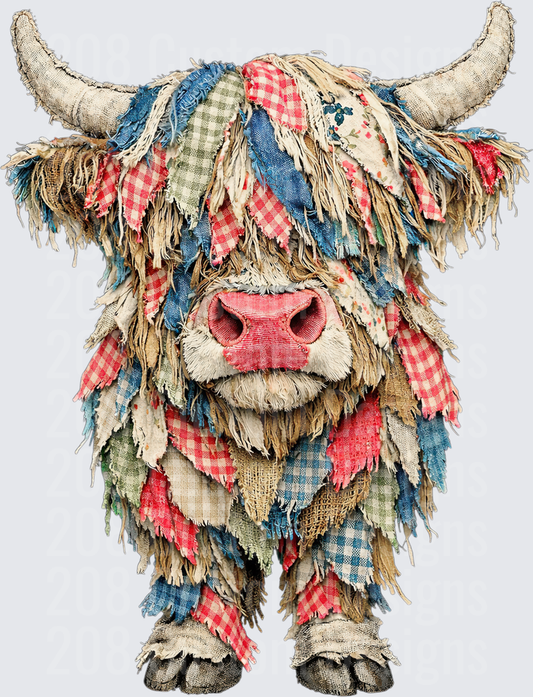 Rustic Highland Cow with Colorful Patchwork Fabric Fringe