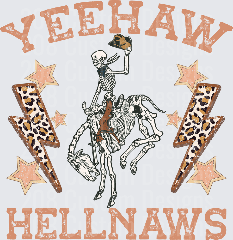 Yeehaw Hellnaws Skeleton Cowboy Riding Horse with Lightning and Stars