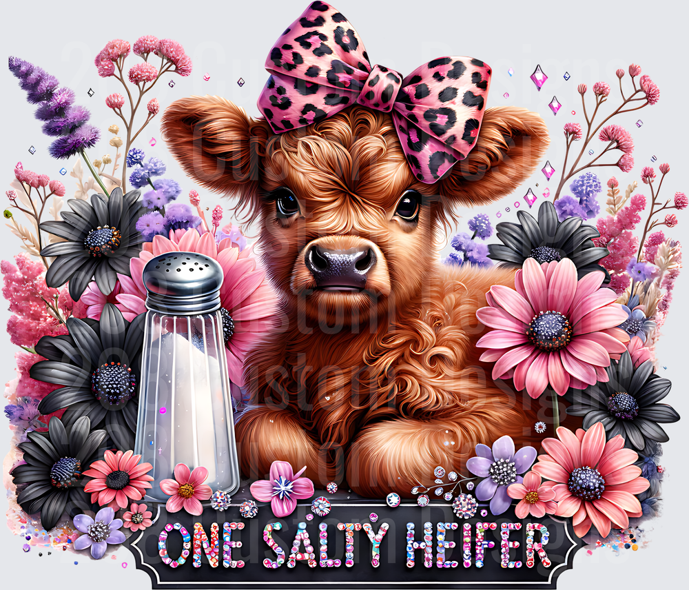 Highland Cow with Pink Leopard Bow One Salty Heifer Floral