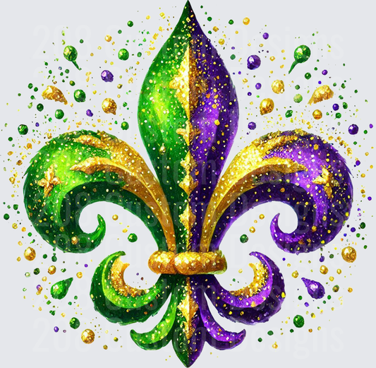 Mardi Gras Fleur de Lis with Green Purple Gold Glitter Splatter
