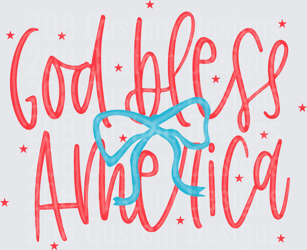 God Bless America Patriotic Script with Blue Ribbon and Stars