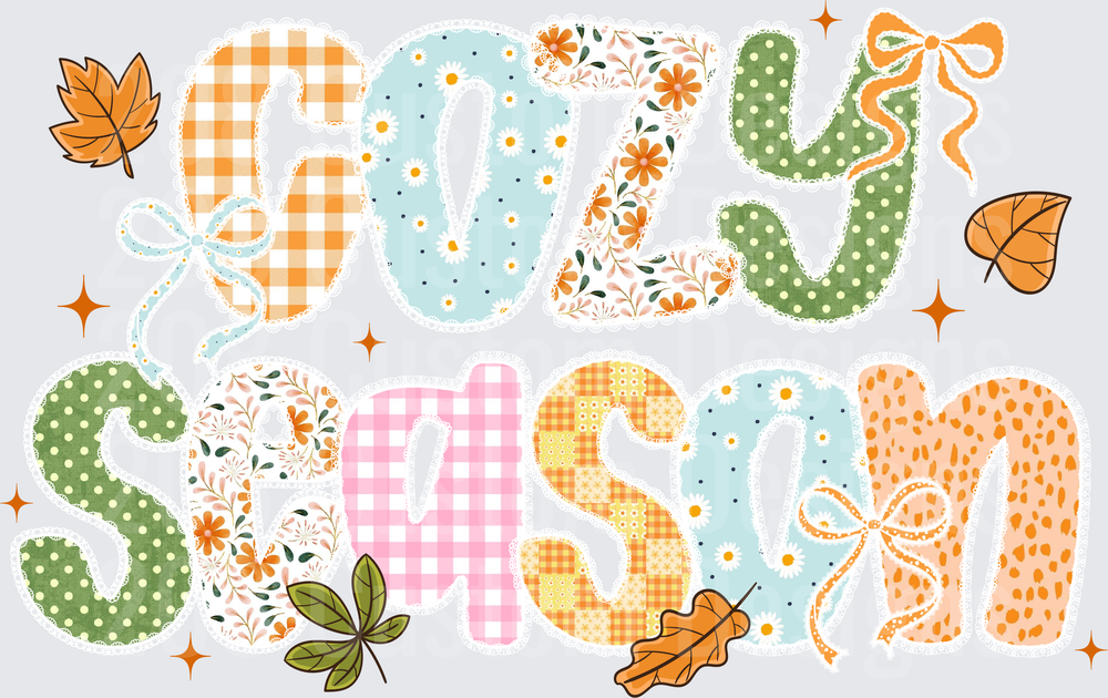 Cozy Fall Season Typography with Autumn Leaves and Bows