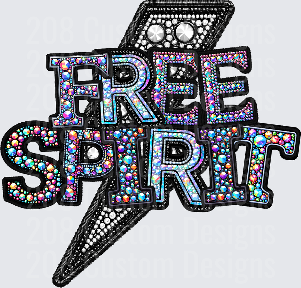 Free Spirit Rainbow Rhinestone Embellished Text with Feather