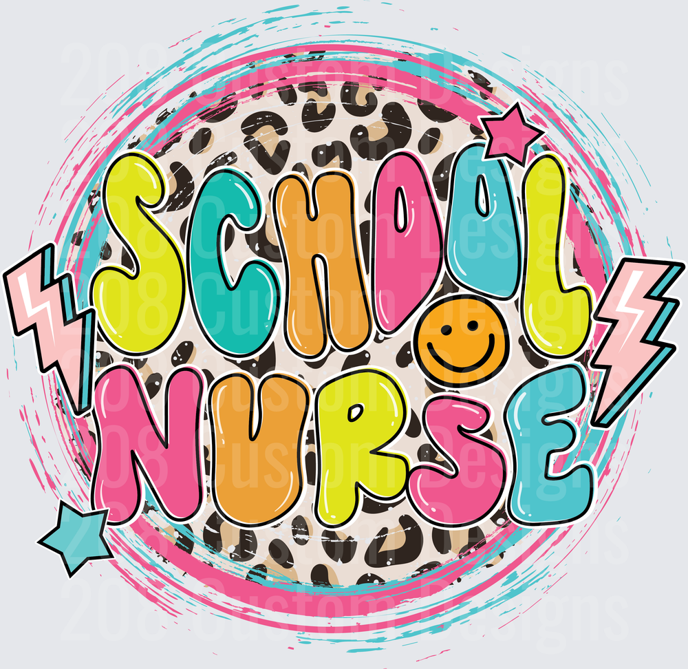 Retro School Nurse Leopard Print Smiley Face Lightning Bolt