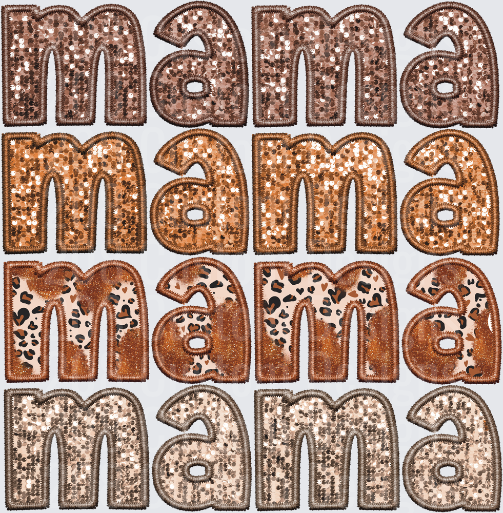 Mama Embroidered Applique Letters in Brown Sequin and Leopard Print Patterns