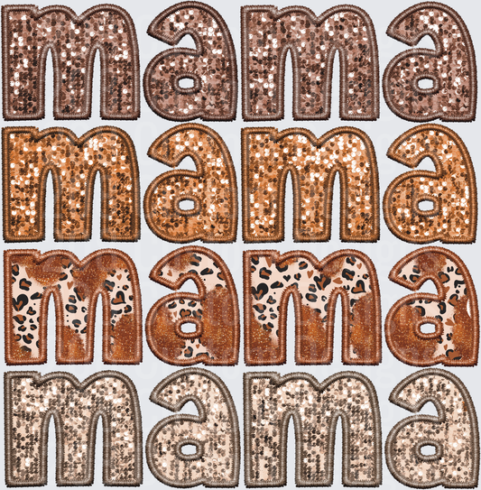 Mama Embroidered Applique Letters in Brown Sequin and Leopard Print Patterns