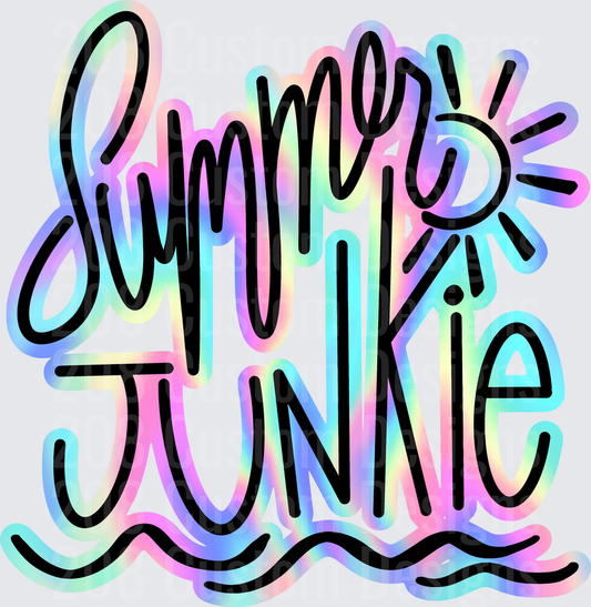 Summer Junkie Holographic Rainbow Typography with Sun and Waves