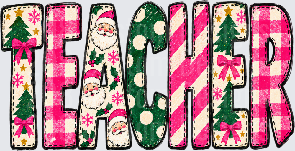Christmas Teacher Pink Plaid Santa Holiday