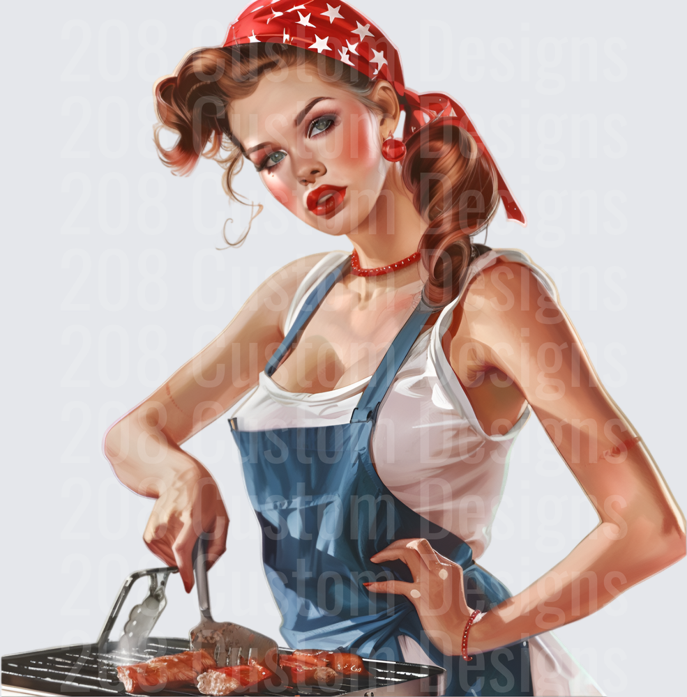 Vintage Pin-Up Girl Grilling BBQ in Retro Bandana and Apron