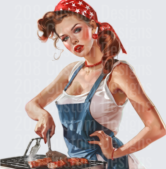 Vintage Pin-Up Girl Grilling BBQ in Retro Bandana and Apron