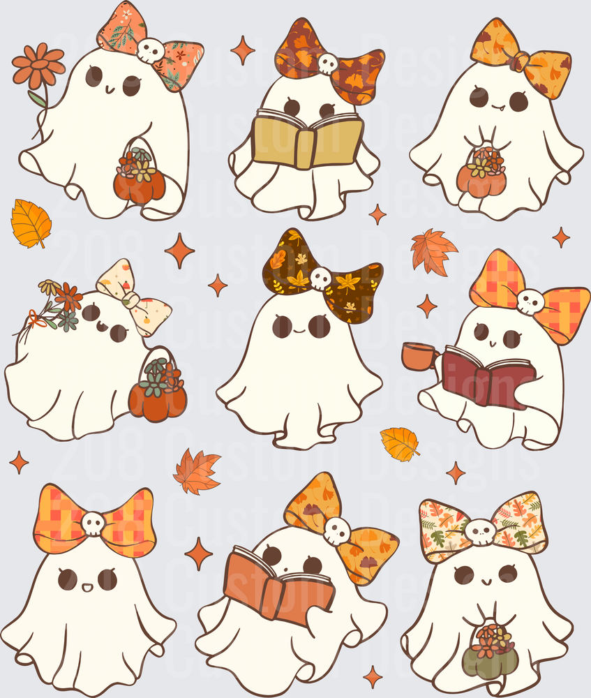 Cute Kawaii Autumn Ghosts with Bows Reading Books and Pumpkins