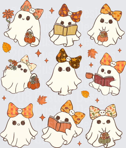 Cute Kawaii Autumn Ghosts with Bows Reading Books and Pumpkins