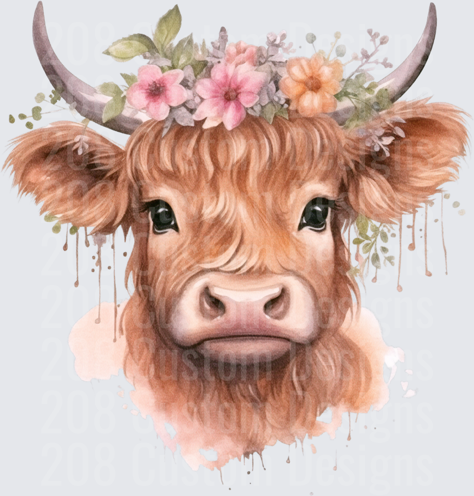 Watercolor Highland Cow with Pink Floral Crown and Horns