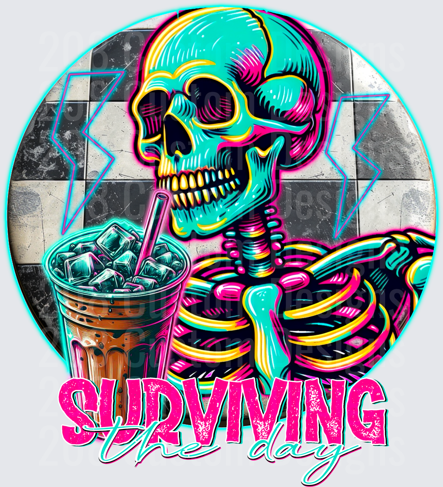 Surviving The Day Retro Skull Drinking Iced Coffee
