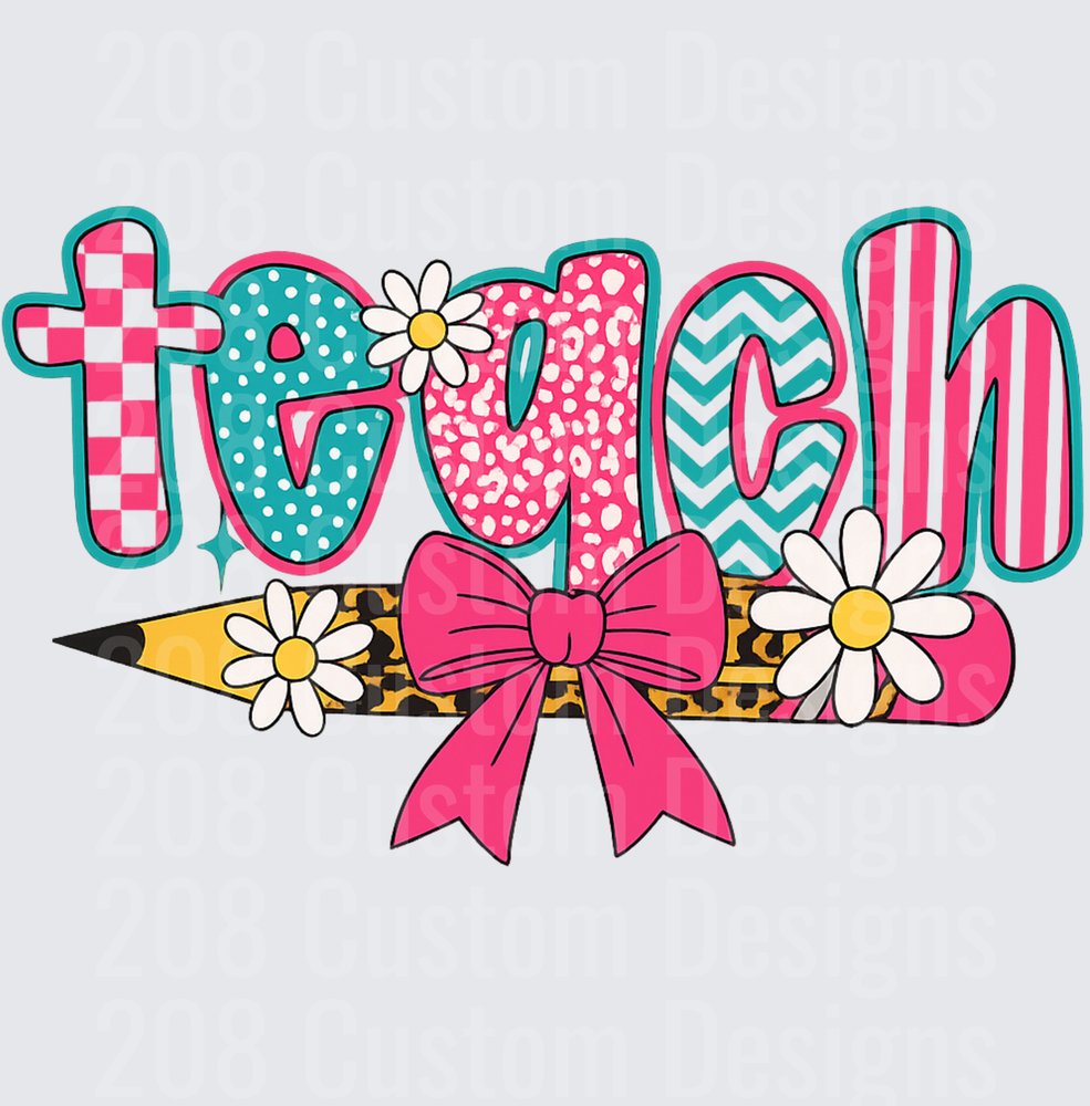 Teach Patterned Letters Leopard Pencil Pink Bow Daisies