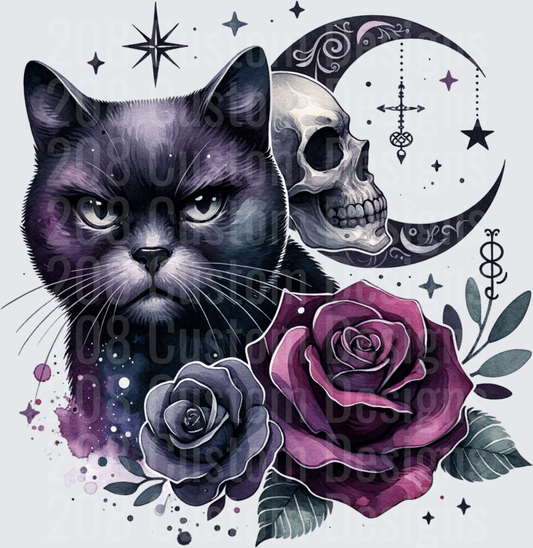 Gothic Black Cat Skull Crescent Moon Dark Roses Stars