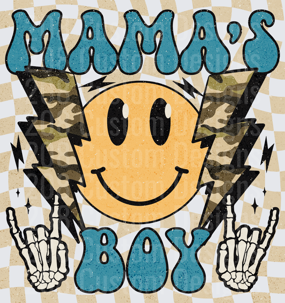 Mama's Boy Smiley Face with Lightning Bolts and Rock Hands