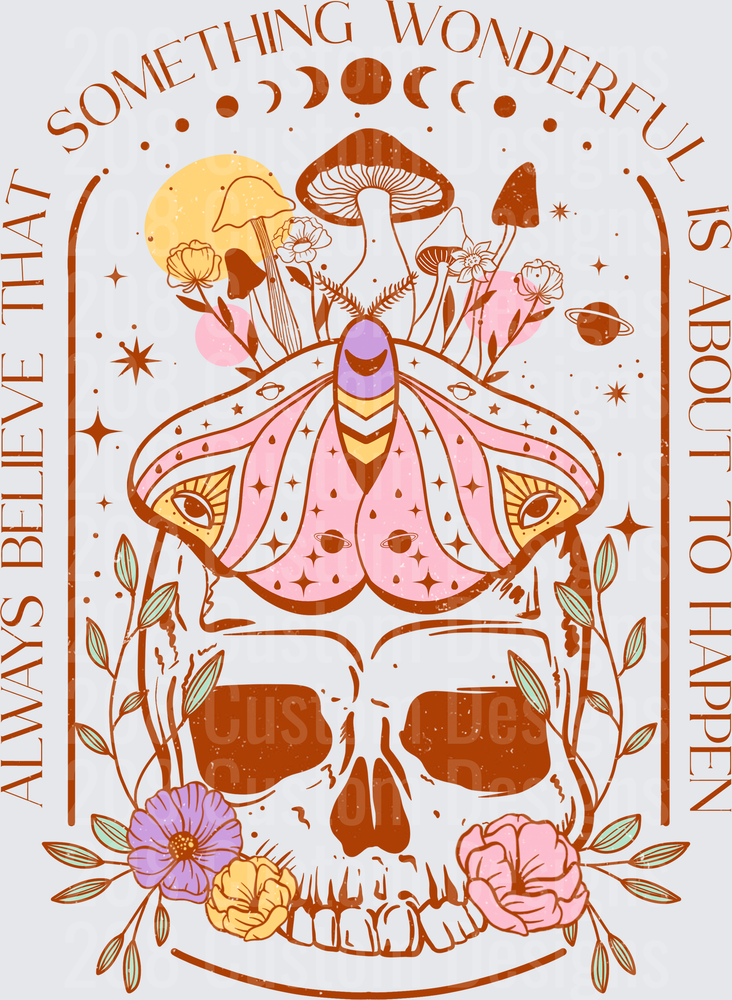 Mystical Moth Skull with Mushrooms and Moon Phases Design