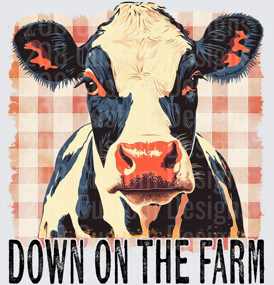 Down On The Farm Holstein Cow Face Red Gingham Background