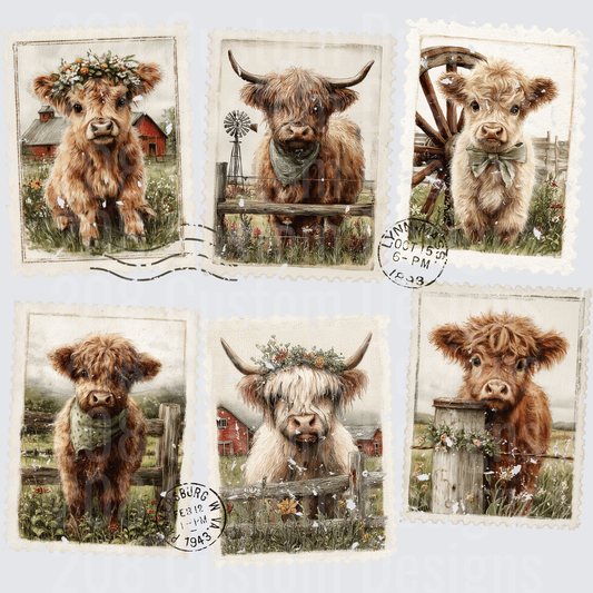 Vintage Highland Cattle Postage Stamps with Farm Scenes