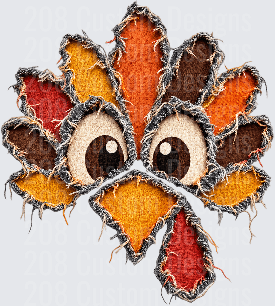 Patchwork Turkey Face Frayed Fabric Applique Thanksgiving
