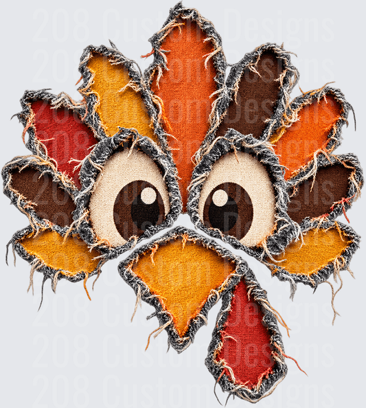 Patchwork Turkey Face Frayed Fabric Applique Thanksgiving