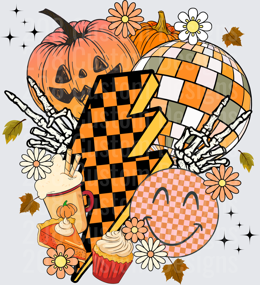 Fall Skeleton Hands with Pumpkin Spice Latte and Checkered Pattern
