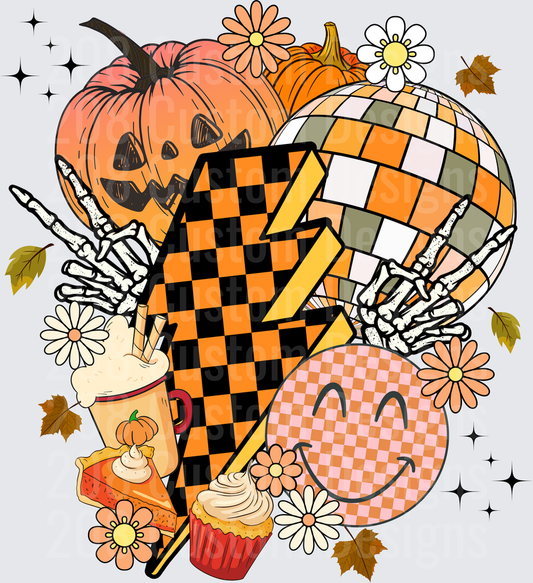 Fall Skeleton Hands with Pumpkin Spice Latte and Checkered Pattern