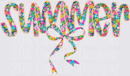 Summer Text with Colorful Floral Pattern and Bow