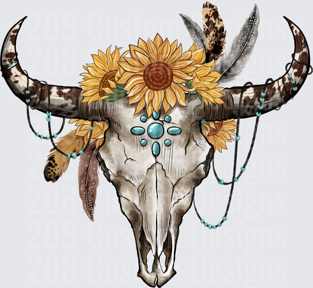 Boho Bull Skull with Sunflowers Feathers and Turquoise Beads