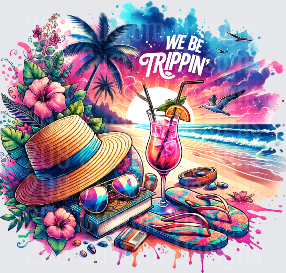 We Be Trippin' Tropical Beach Vacation Watercolor Scene