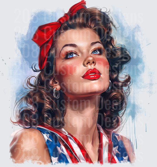 Vintage Pin-Up Girl with Red Bow and American Flag Outfit
