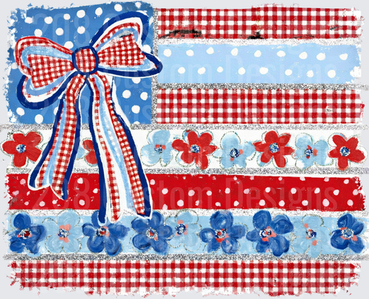 Patriotic American Flag with Gingham Bow and Floral Stripes