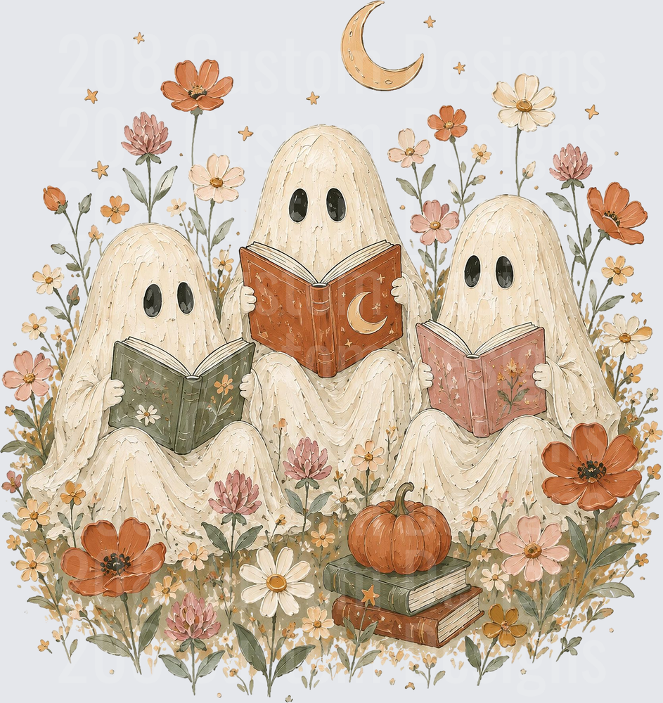 Three Cozy Ghosts Reading Books in Floral Garden with Moon