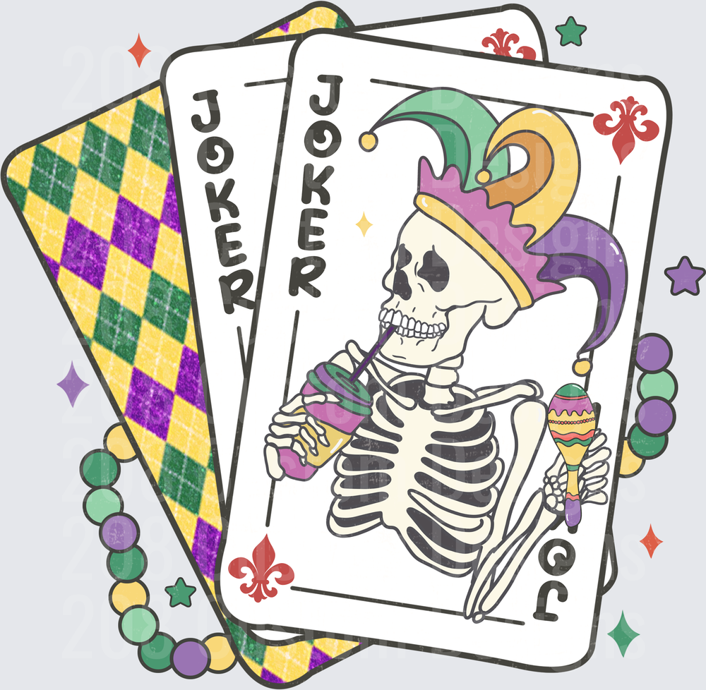 Mardi Gras Skeleton Joker Playing Cards with Beads and Stars