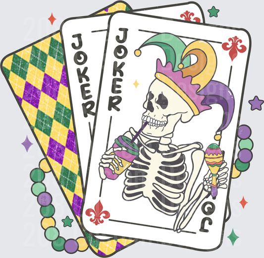 Mardi Gras Skeleton Joker Playing Cards with Beads and Stars